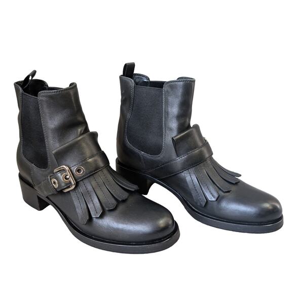 Prada Kiltie Strap Black Calf Leather Chelsea Round Toe Bootie Womens EU 38 US 8 - Picture 1 of 10